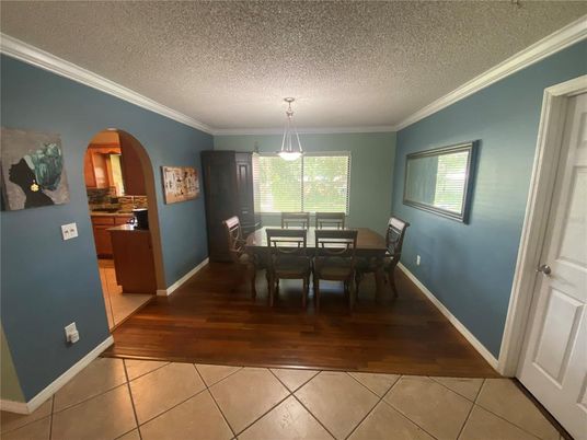 Dining room, Interior, Pendant Lights, Wood Texture Flooring