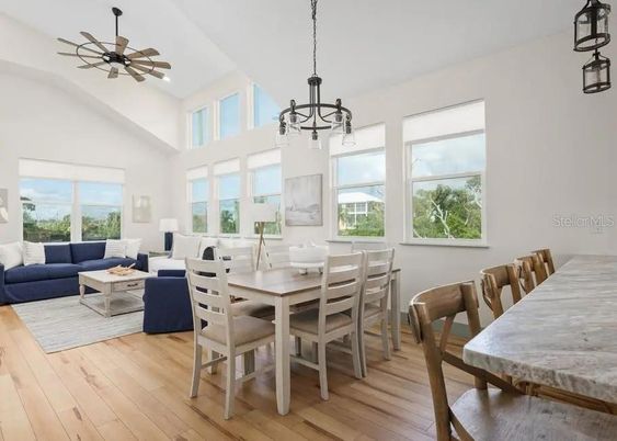 Dining room, Interior, Living room, Pendant Lights, Wood Texture Flooring