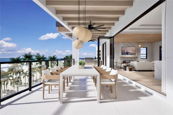 Dining room, Fireplace, Interior, Living room, Pendant Lights, Recessed Lighting, Water, Wooden Ceilings, Wood Texture Flooring