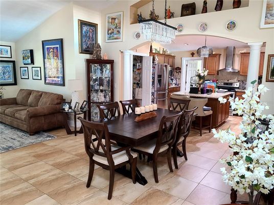 Chandelier, Dining room, Interior, Kitchen, Recessed Lighting, Stainless Steel Appliances