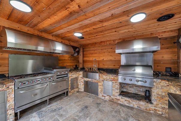 Fireplace, Interior, Kitchen, Stainless Steel Appliances, Wooden Ceilings, Wooden Walls