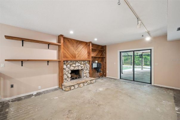 Empty room, Fireplace, Interior, Recessed Lighting, Wooden Walls