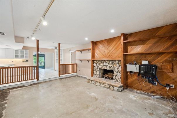 Fireplace, Interior, Recessed Lighting, Wooden Walls