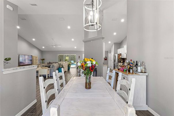 Dining room, Interior, Kitchen, Living room, Pendant Lights, Recessed Lighting, Wood Texture Flooring
