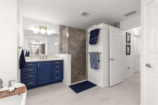 Bathroom, Glass Shower, Interior, Wood Texture Flooring
