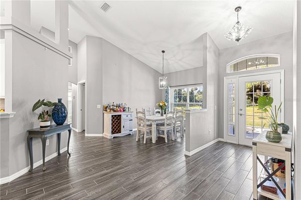 Dining room, Interior, Pendant Lights, Wood Texture Flooring