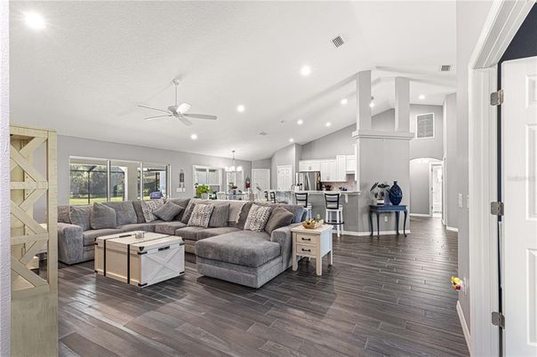 Interior, Kitchen, Living room, Pendant Lights, Recessed Lighting, Stainless Steel Appliances, Wood Texture Flooring