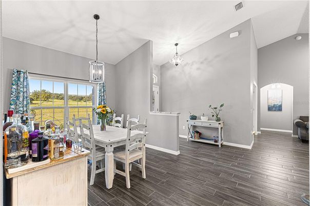 Dining room, Interior, Pendant Lights, Wood Texture Flooring