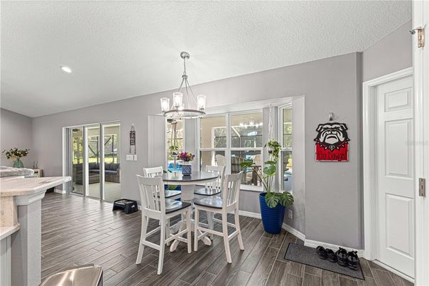 Dining room, Interior, Pendant Lights, Recessed Lighting, Wood Texture Flooring