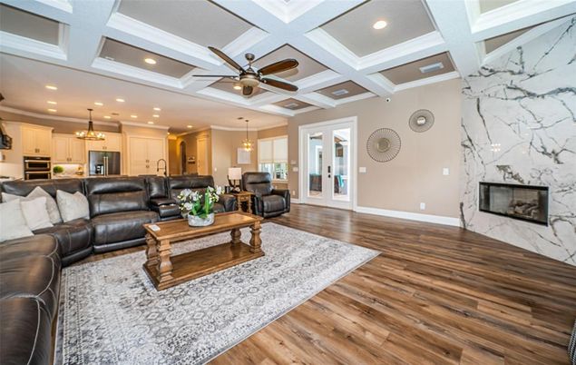 Fireplace, Interior, Kitchen, Living room, Pendant Lights, Recessed Lighting, Wood Texture Flooring