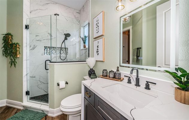 Bathroom, Glass Shower, Interior, Marble Walls, Wood Texture Flooring