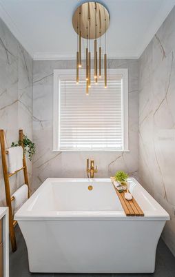 Bathroom, Free Standing Baths, Interior, Marble Walls, Pendant Lights