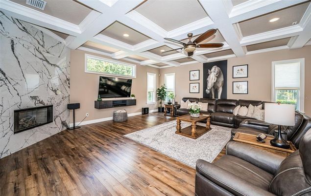 Fireplace, Interior, Living room, Recessed Lighting, Wood Texture Flooring