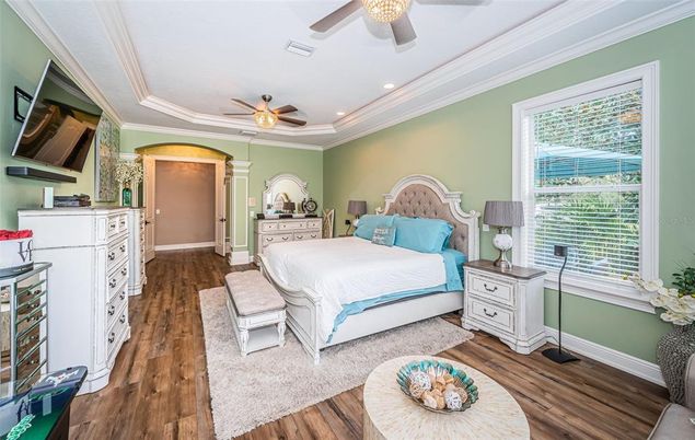 Bedroom, Interior, Recessed Lighting, Wood Texture Flooring