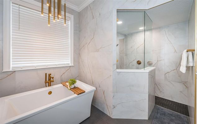 Bathroom, Free Standing Baths, Glass Shower, Interior, Marble Walls, Recessed Lighting