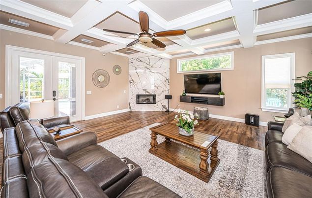 Fireplace, Interior, Living room, Recessed Lighting, Wood Texture Flooring