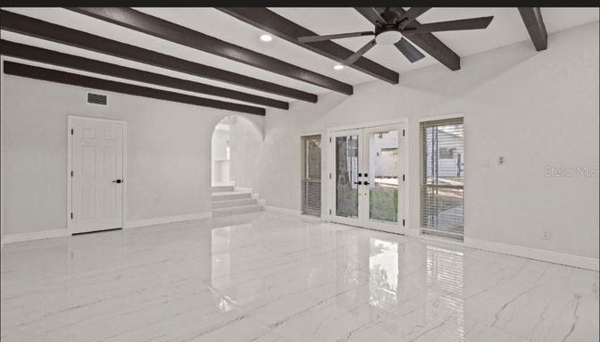 Empty room, Interior, Marble, Recessed Lighting, Wooden Beams