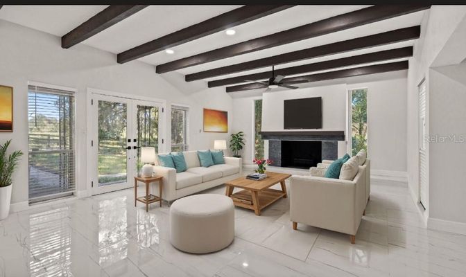 Fireplace, Interior, Living room, Marble, Recessed Lighting, Wooden Beams