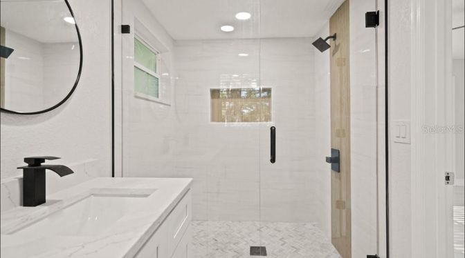 Bathroom, Glass Shower, Interior, Marble Walls, Recessed Lighting