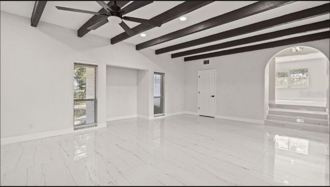 Empty room, Interior, Marble, Recessed Lighting, Wooden Beams