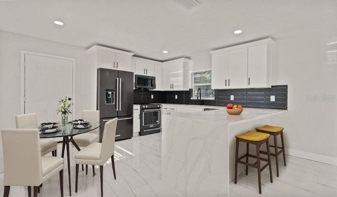 Dining room, Interior, Kitchen, Marble, Recessed Lighting, Stainless Steel Appliances