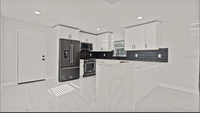 Interior, Kitchen, Marble, Recessed Lighting, Stainless Steel Appliances
