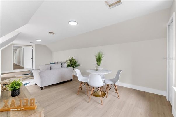Dining room, Interior, Living room, Recessed Lighting, Wood Texture Flooring