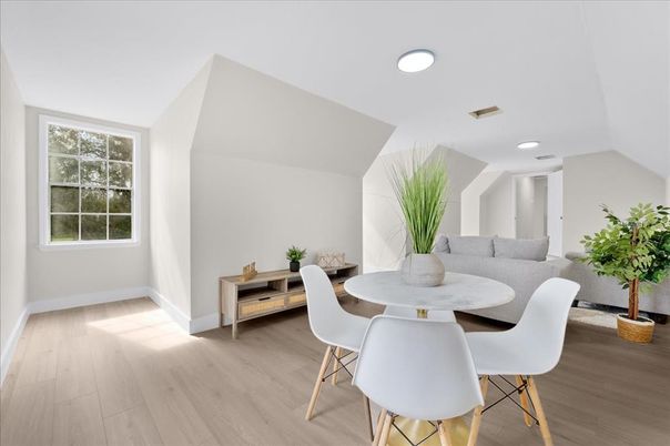 Dining room, Interior, Recessed Lighting, Wood Texture Flooring