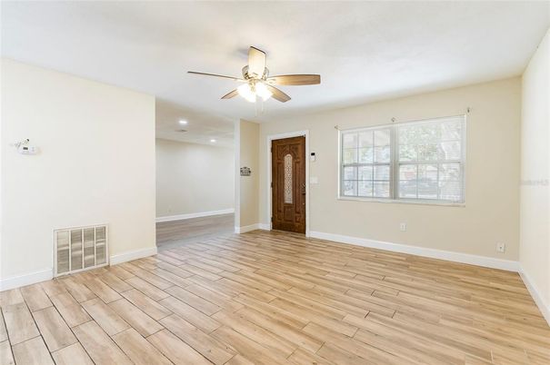 Empty room, Interior, Recessed Lighting, Wood Texture Flooring