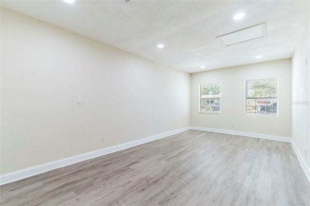 Empty room, Interior, Recessed Lighting, Wood Texture Flooring
