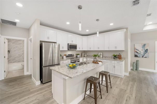 Interior, Kitchen, Pendant Lights, Recessed Lighting, Stainless Steel Appliances, Wood Texture Flooring