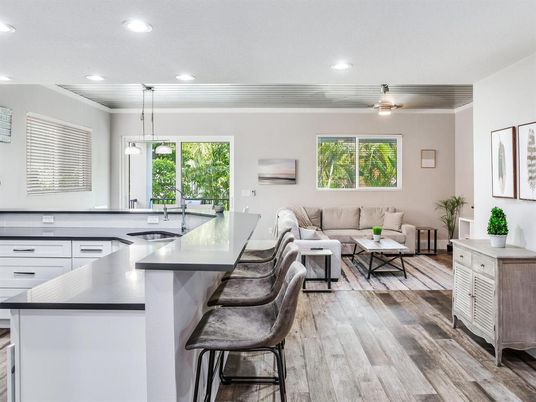 Interior, Kitchen, Living room, Pendant Lights, Recessed Lighting, Wood Texture Flooring