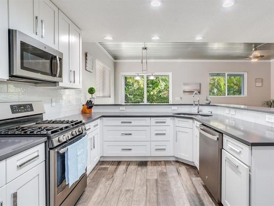 Interior, Kitchen, Pendant Lights, Recessed Lighting, Stainless Steel Appliances, Wood Texture Flooring