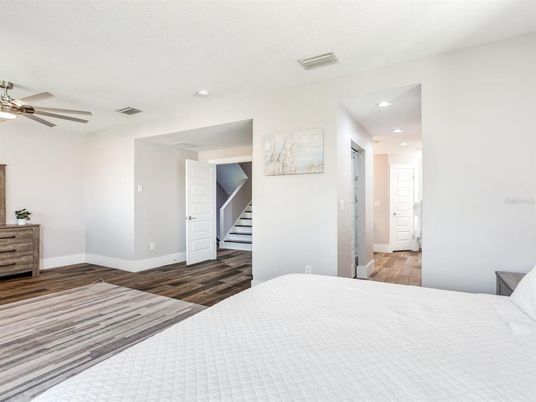 Bedroom, Interior, Recessed Lighting, Wood Texture Flooring