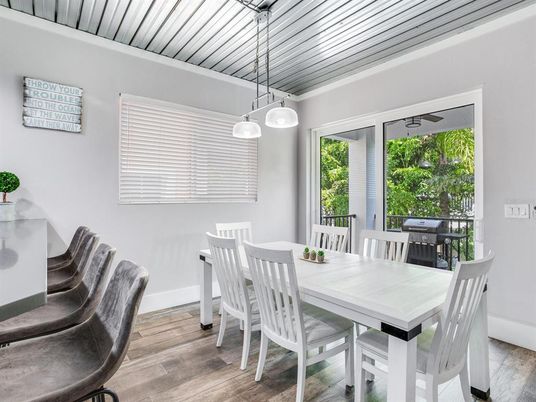 Dining room, Interior, Pendant Lights, Wood Texture Flooring