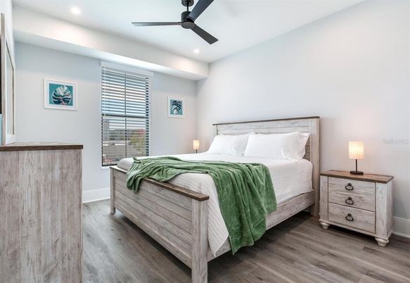 Bedroom, Interior, Recessed Lighting, Wood Texture Flooring
