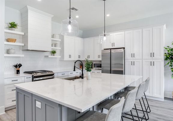 Interior, Kitchen, Pendant Lights, Recessed Lighting, Stainless Steel Appliances, Wood Texture Flooring
