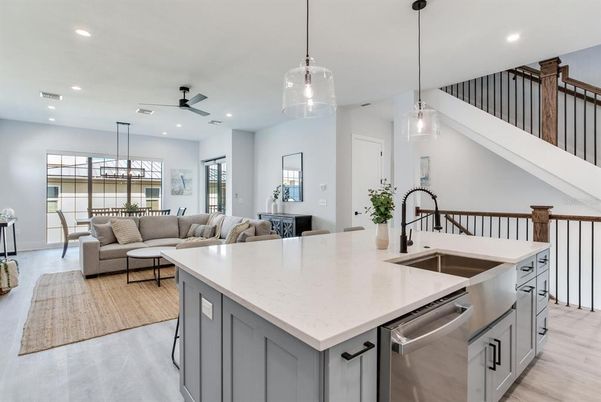 Interior, Kitchen, Living room, Pendant Lights, Recessed Lighting, Wood Texture Flooring