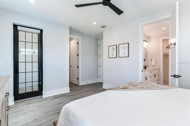 Bedroom, Interior, Recessed Lighting, Wood Texture Flooring