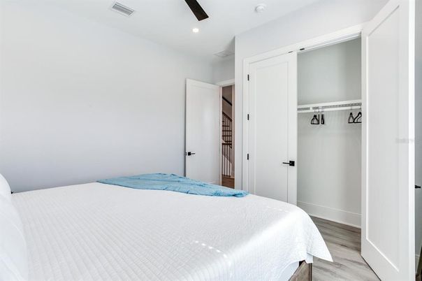 Bedroom, Interior, Recessed Lighting, Wood Texture Flooring