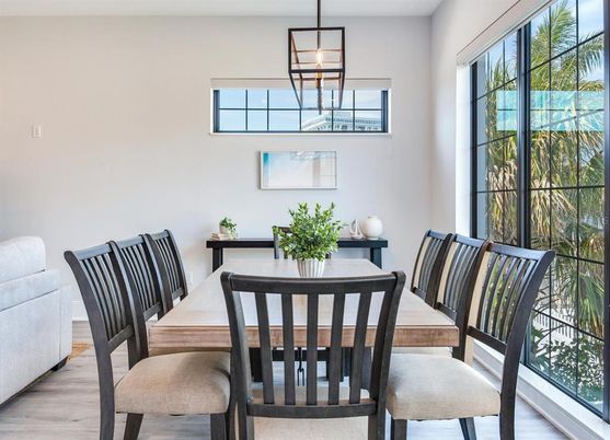 Dining room, Interior, Pendant Lights, Wood Texture Flooring