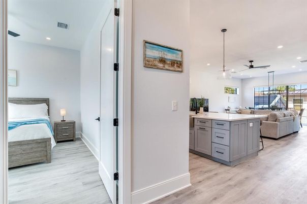 Bedroom, Interior, Pendant Lights, Recessed Lighting, Wood Texture Flooring