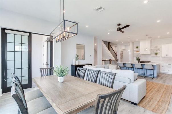 Dining room, Interior, Kitchen, Living room, Pendant Lights, Recessed Lighting, Wood Texture Flooring