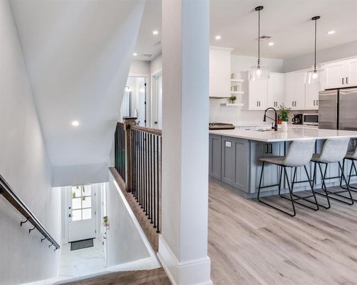 Interior, Kitchen, Marble, Pendant Lights, Recessed Lighting, Stainless Steel Appliances, Wood Texture Flooring