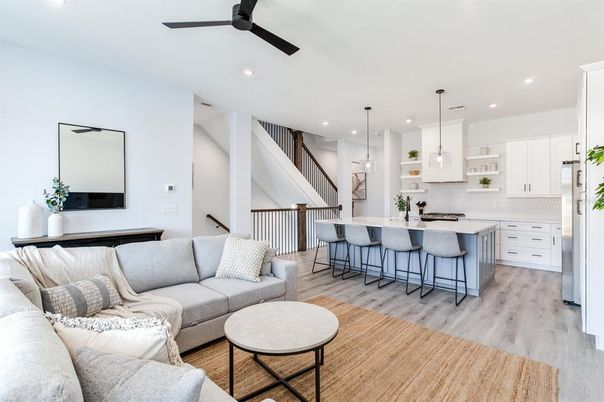 Interior, Kitchen, Living room, Pendant Lights, Recessed Lighting, Wood Texture Flooring