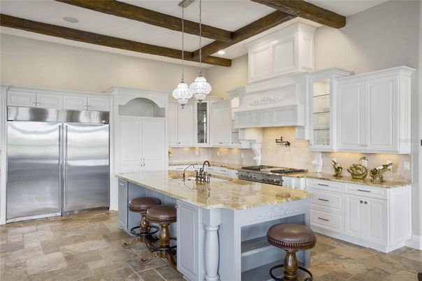 Interior, Kitchen, Pendant Lights, Recessed Lighting, Stainless Steel Appliances, Wooden Beams