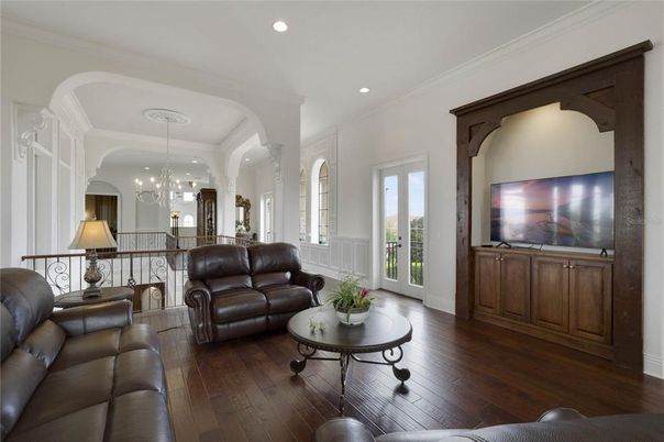 Chandelier, Interior, Living room, Pendant Lights, Recessed Lighting, Wood Texture Flooring