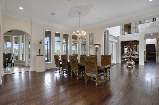 Chandelier, Dining room, Interior, Recessed Lighting, Wood Texture Flooring
