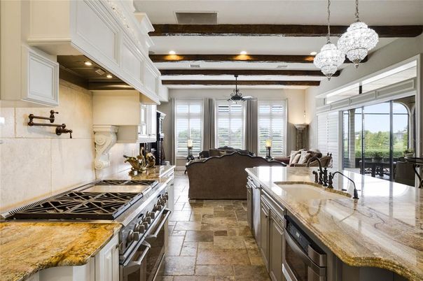 Dining room, Interior, Kitchen, Living room, Pendant Lights, Recessed Lighting, Stainless Steel Appliances, Wooden Beams