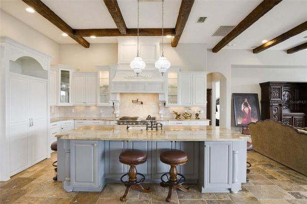 Interior, Kitchen, Pendant Lights, Recessed Lighting, Stainless Steel Appliances, Wooden Beams